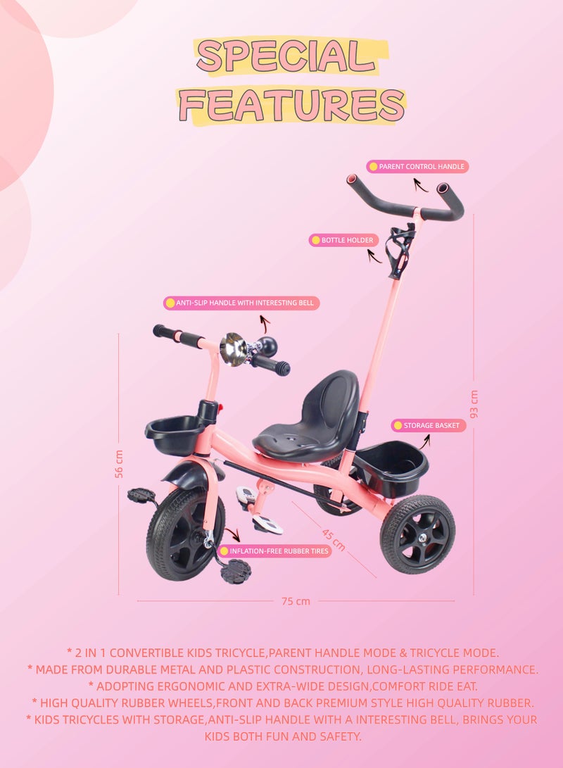 EASY FUTURE Tricycle for Kids Baby Ride-On Bicycle Toy Equipped with Parental Push Handle & Storage Basket (Grey, Red, Pink Choices) Package Include Protective Gear Set - Image 3